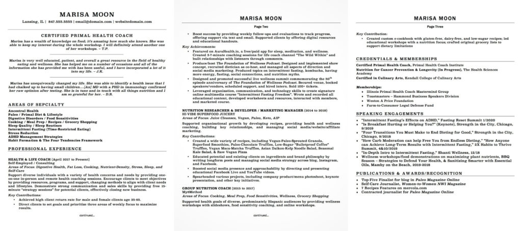 Health coach sample resume marisa moon